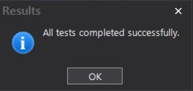 Results dialog showing All tests completed successfully