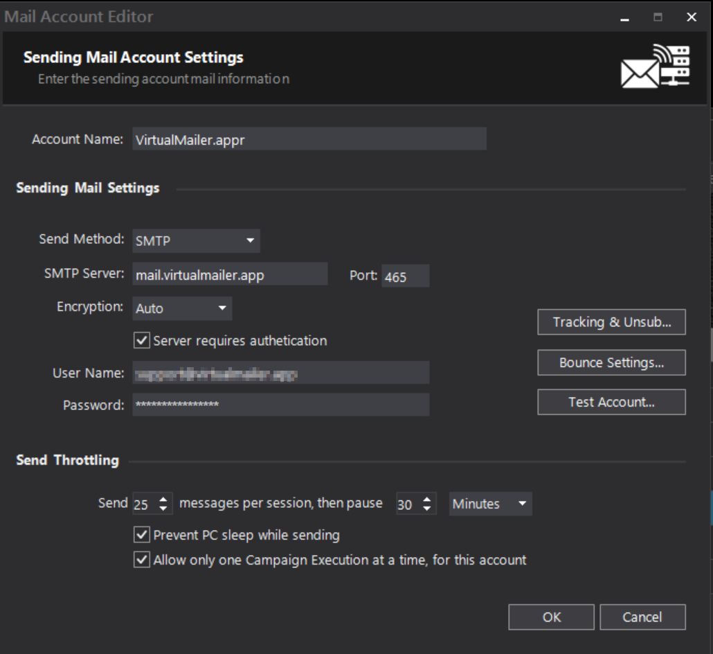 Mail Account Editor showing the SMTP setup fields and the Test Account button
