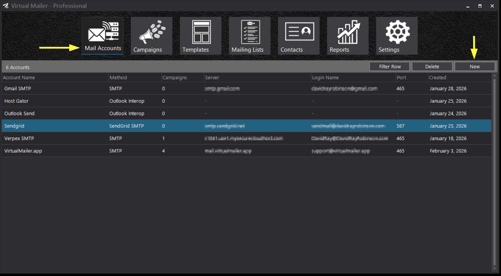 Main form with the Mail Accounts tile selected and the New button highlighted