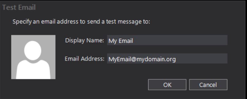 Test Email dialog showing the Display Name and Email Address fields